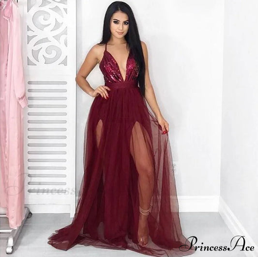 Long Maxi Cocktail Party Gown Bandage Blackless Dress Burgundy / XL