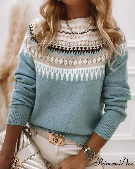 Long Patterned Arm Pullover Sweaters Blue / S