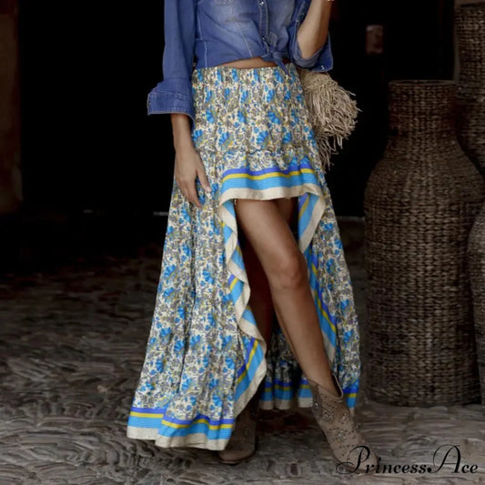 Long Skirt Tall Waist Asymmetrical Hem Floral Pattern Free-spirited skirt-250126