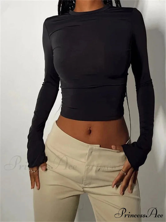 Long Sleeve Backless Casual Slim Fit Pullovers T-Shirts Black / S