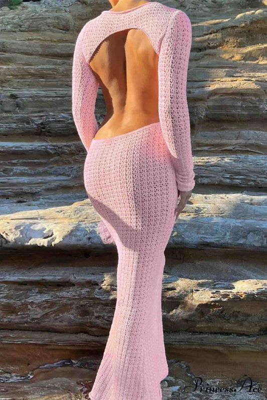 Long Sleeve Backless Knitted Midi Dress with Hollow Out Design Pink / S