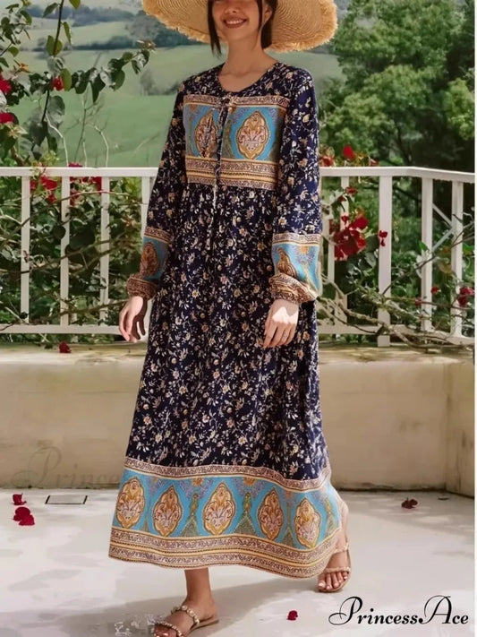 Long Sleeve Bind Neck Ethnic Floral Print Loose Kaftan Maxi Boho Dress Yellow / S bohodress-250126