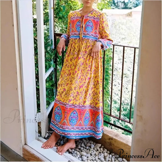 Long Sleeve Bind Neck Ethnic Yellow Floral Print Cotton Maxi Boho Dress Yellow / S bohodress-250126