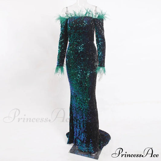 Long Sleeve Bodycon Stretchy Slash Neck Mermaid Dress Green / S