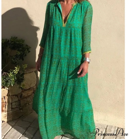 Long Sleeve Bohemian Maxi Dresses Green / M