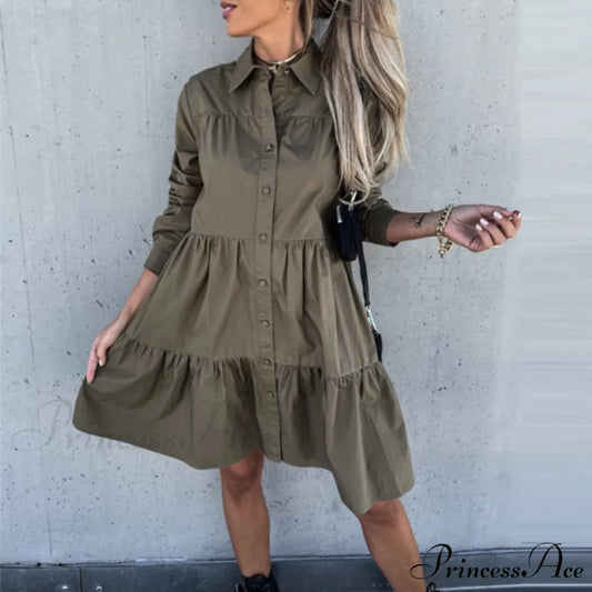 Long Sleeve Button Party Casual Loose Shirt Dress Army Green / S
