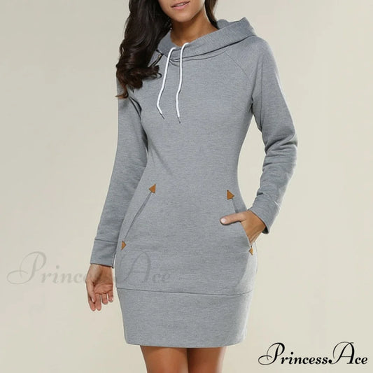 Long Sleeve Camp Collar Pocket Simple Dress grey 2 / S