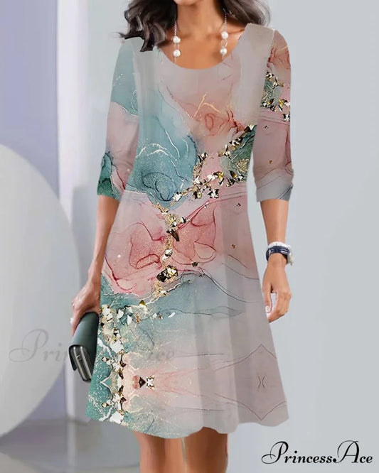 Long Sleeve Crew Neck Dress with Print Pink / S