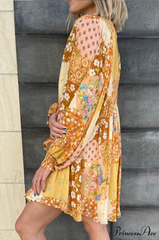 Long Sleeve Dress with Buttons and Broken Flowers