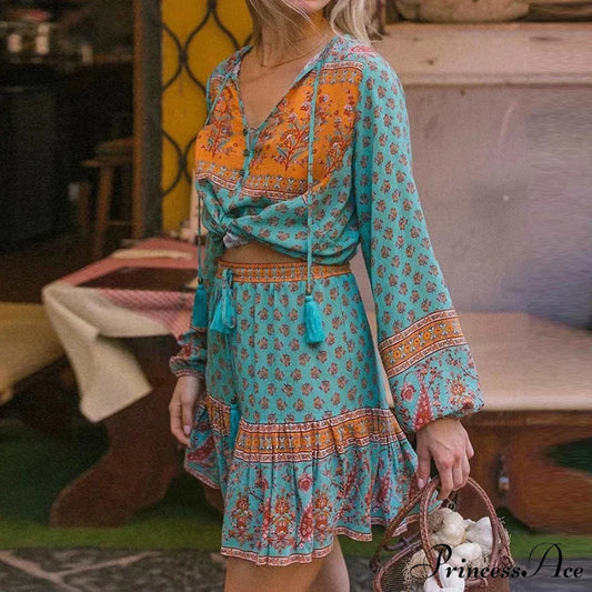 Long Sleeve Flower Pattern V-Neck Fringe Bohemian Top bohoblouse-250126