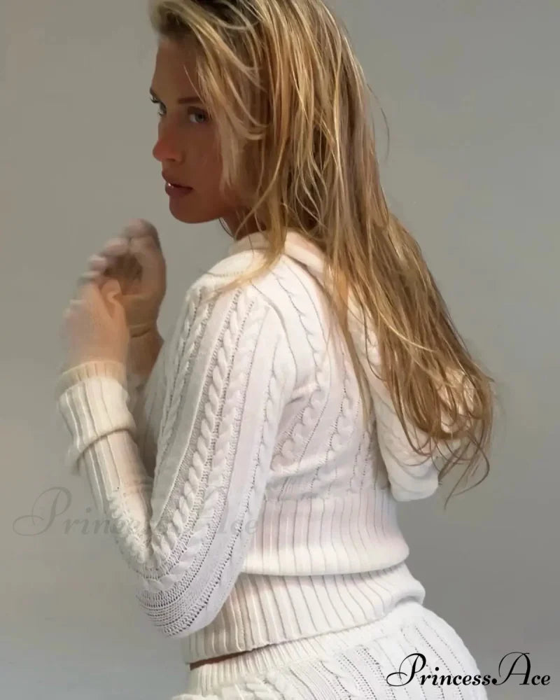 Long Sleeve Knitted V-Neck Graceful Hooded Sweater And Shorts Set