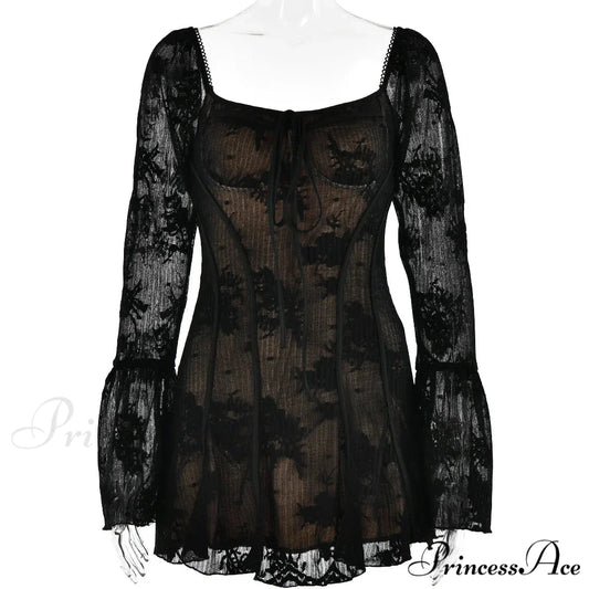 Long Sleeve Lace Charming Square Neck Mini Dress Black / S