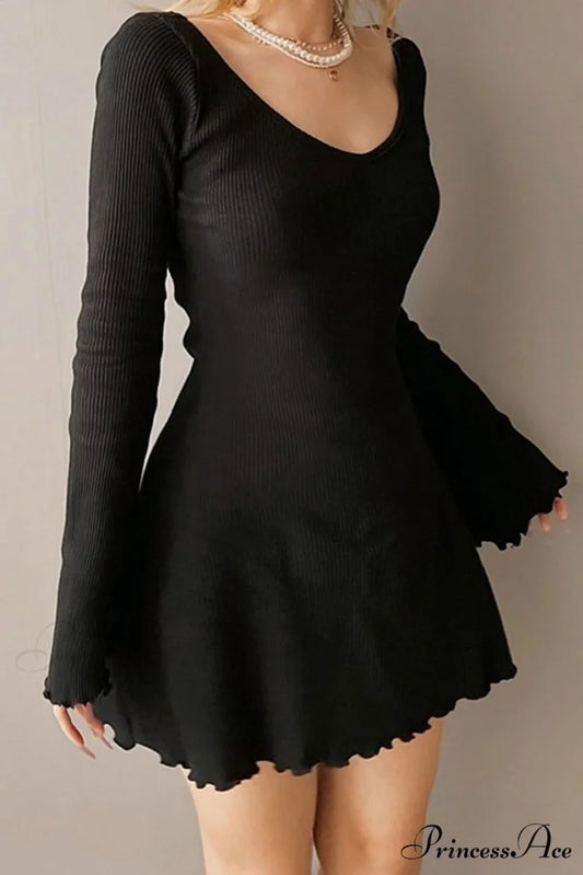 Long Sleeve Lacework Hem Dress with Round Neck Black / M