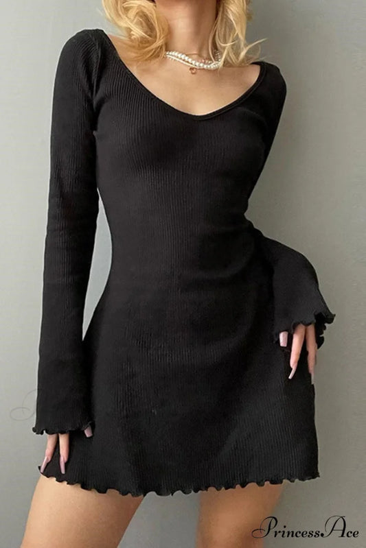 Long Sleeve Lacework Hem Dress with Round Neck Black / S
