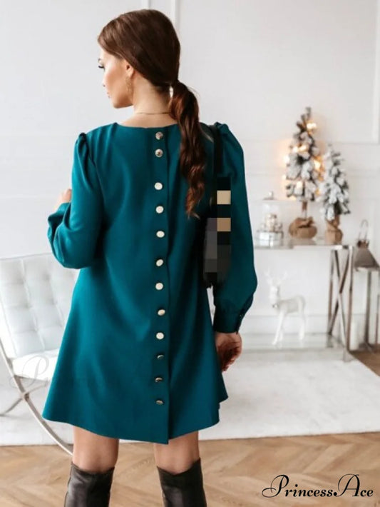 Long Sleeve Loose O-neck Button Solid A-line Elegant Dresses Emerald green / M