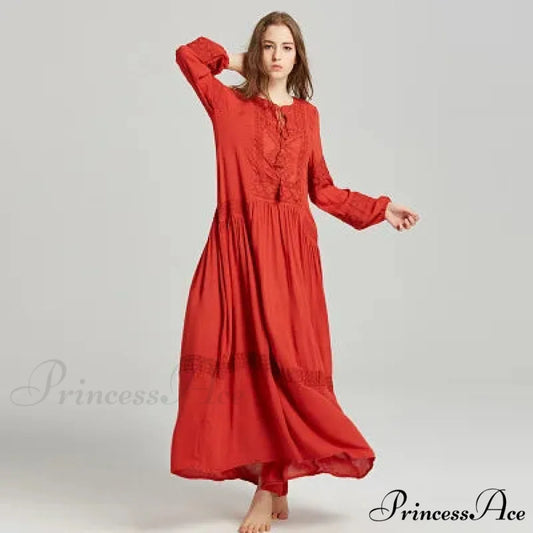 Long Sleeve Maxi Dress Crimson Floral Embroidery Fringe Boho Dress Red / S bohodress-250126