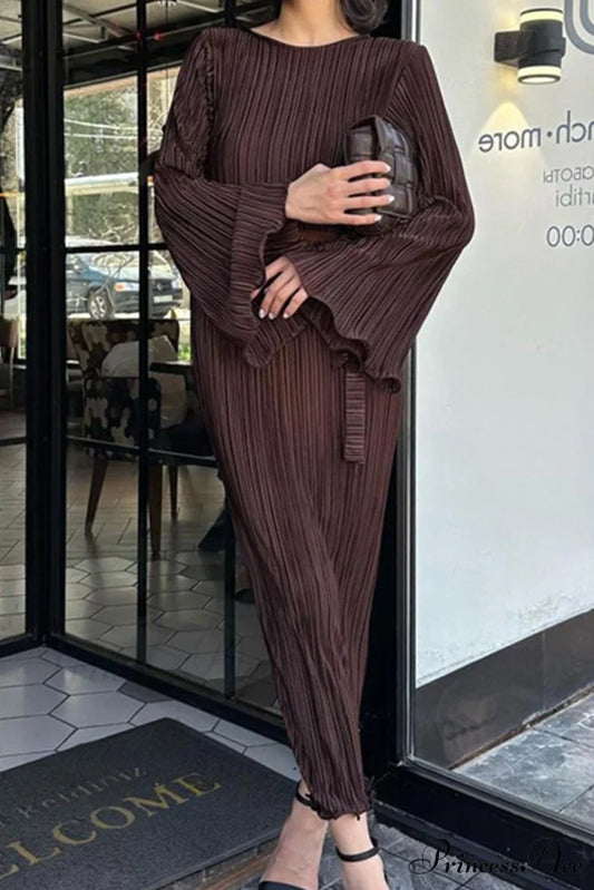 Long Sleeve Pleated Flares Dress with Tie-waist Brown / M