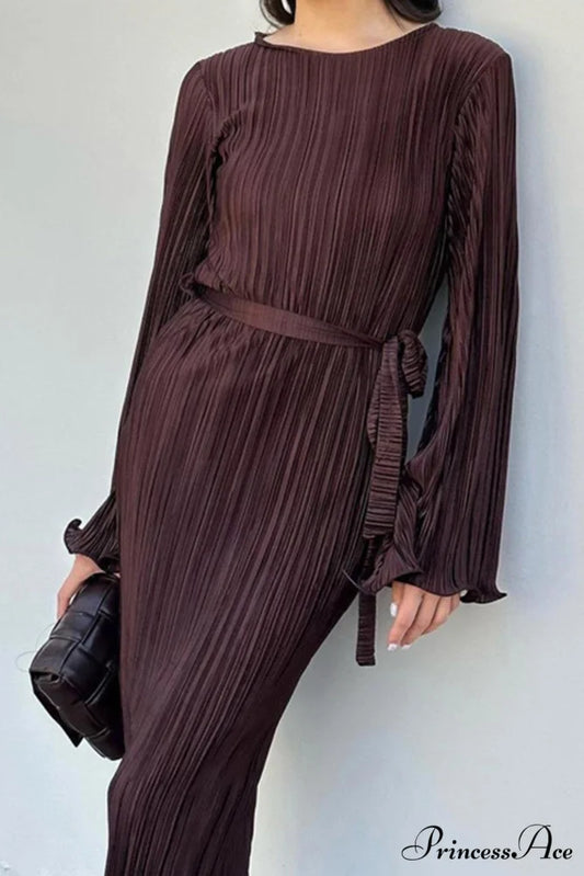 Long Sleeve Pleated Flares Dress with Tie-waist Brown / S
