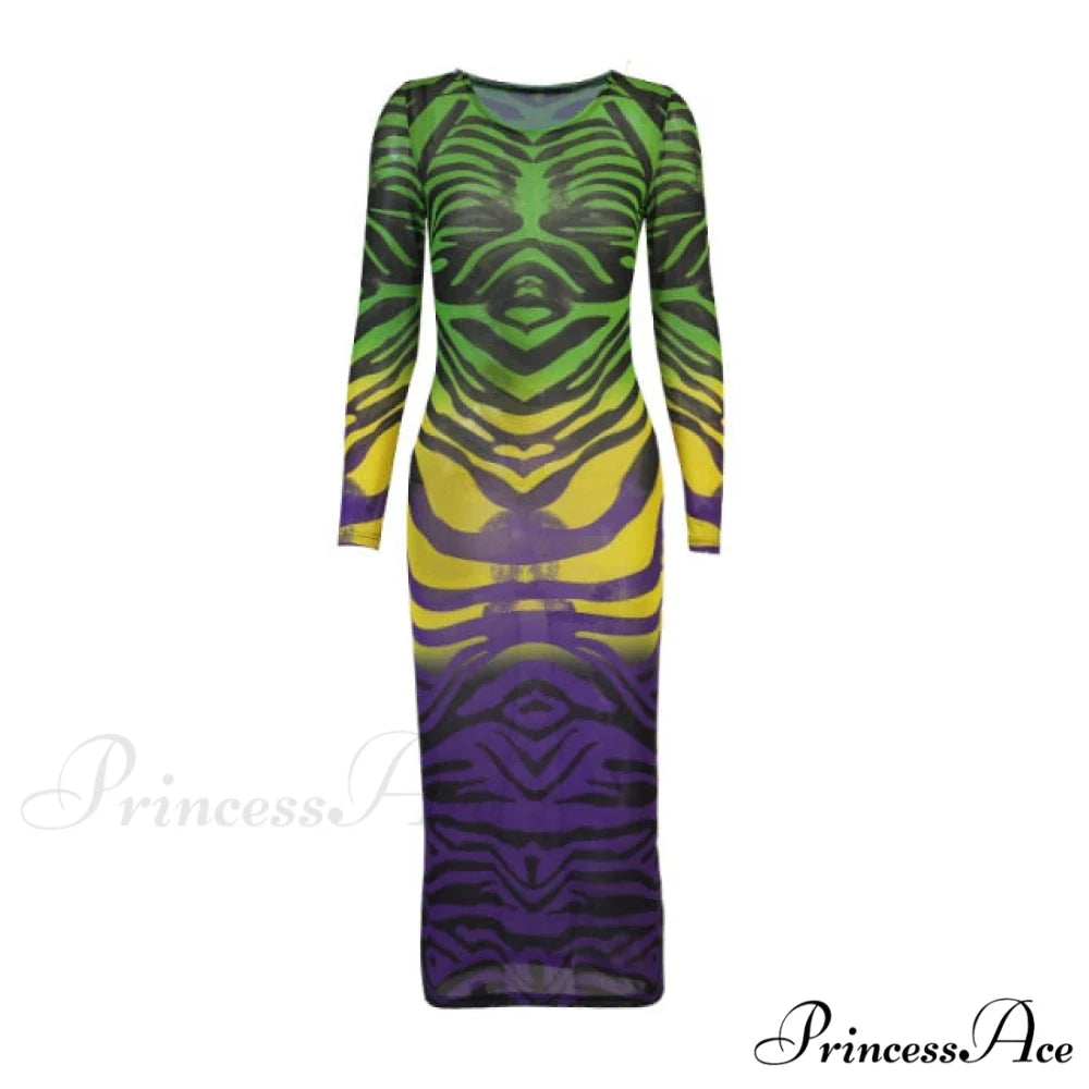 Long Sleeve Printed Mesh See Through Bodycon Dress green / S