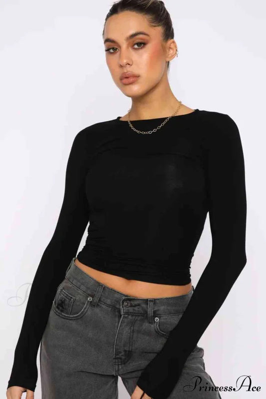 Long-Sleeve Round with Top Bodycon Neck Black / S