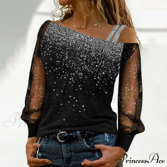 Long Sleeve Sequin Cold Shoulder Bling Mesh Sheer Blouse