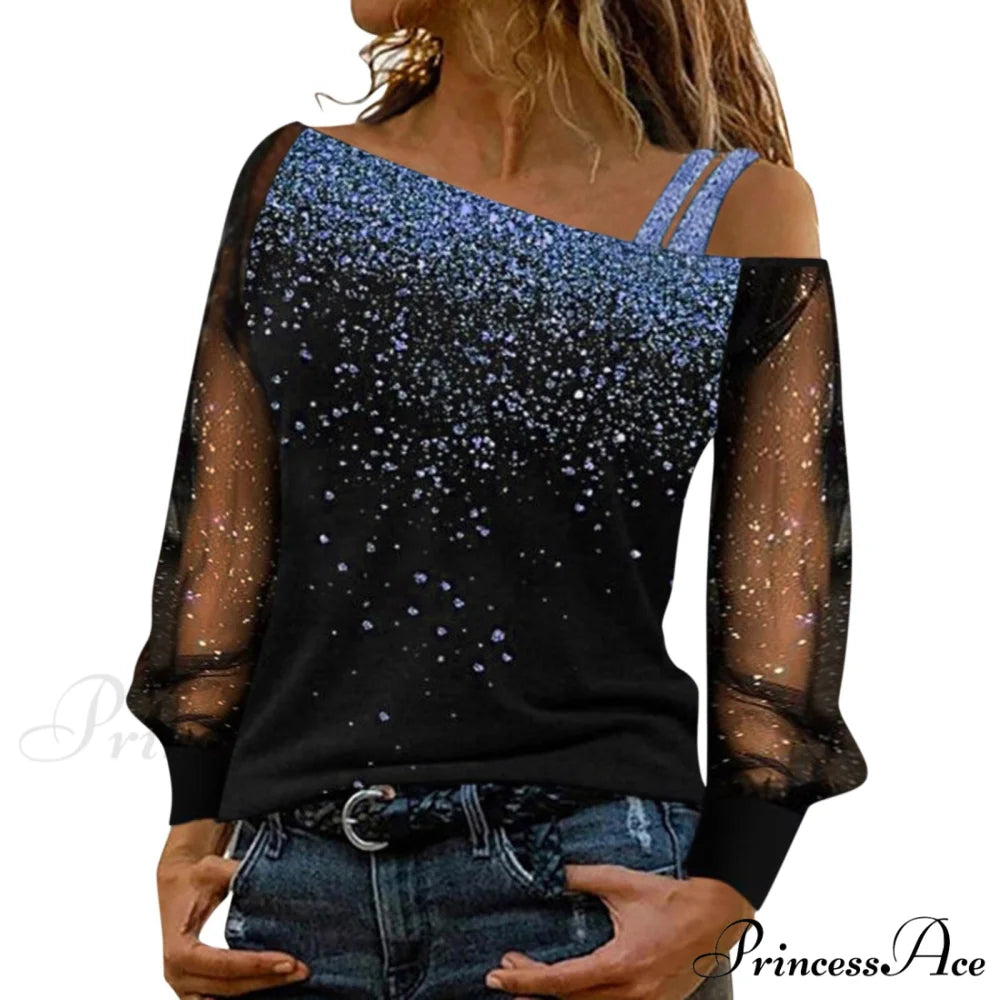 Long Sleeve Sequin Cold Shoulder Bling Mesh Sheer Blouse A / S