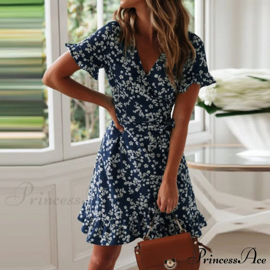 Long Sleeve Sexy Flower Printed Mini Dresses Blue / L