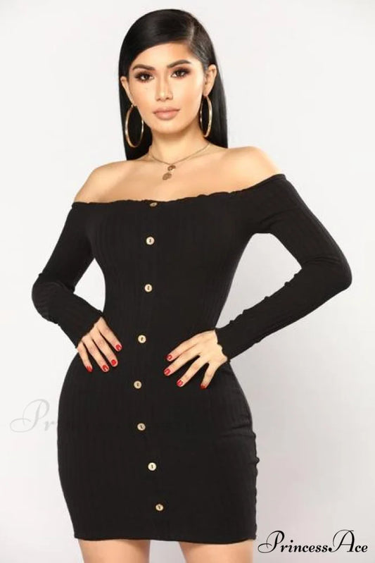Long Sleeve Sexy Slash Neck Bodycon Dresses Black / S