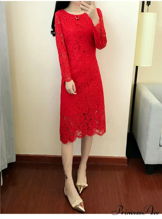 Long Sleeve Sheath Bodycon Lace Dress with O Neck S / Red