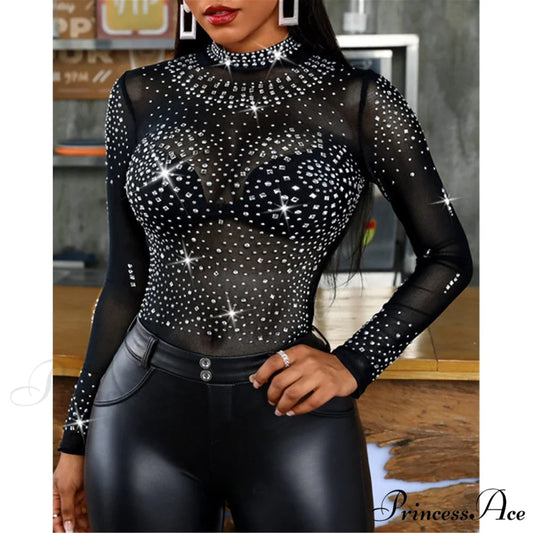 Long Sleeve Slim Fit Round Neck Diamonds Shine Blouse