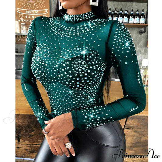 Long Sleeve Slim Fit Round Neck Diamonds Shine Blouse Green / S