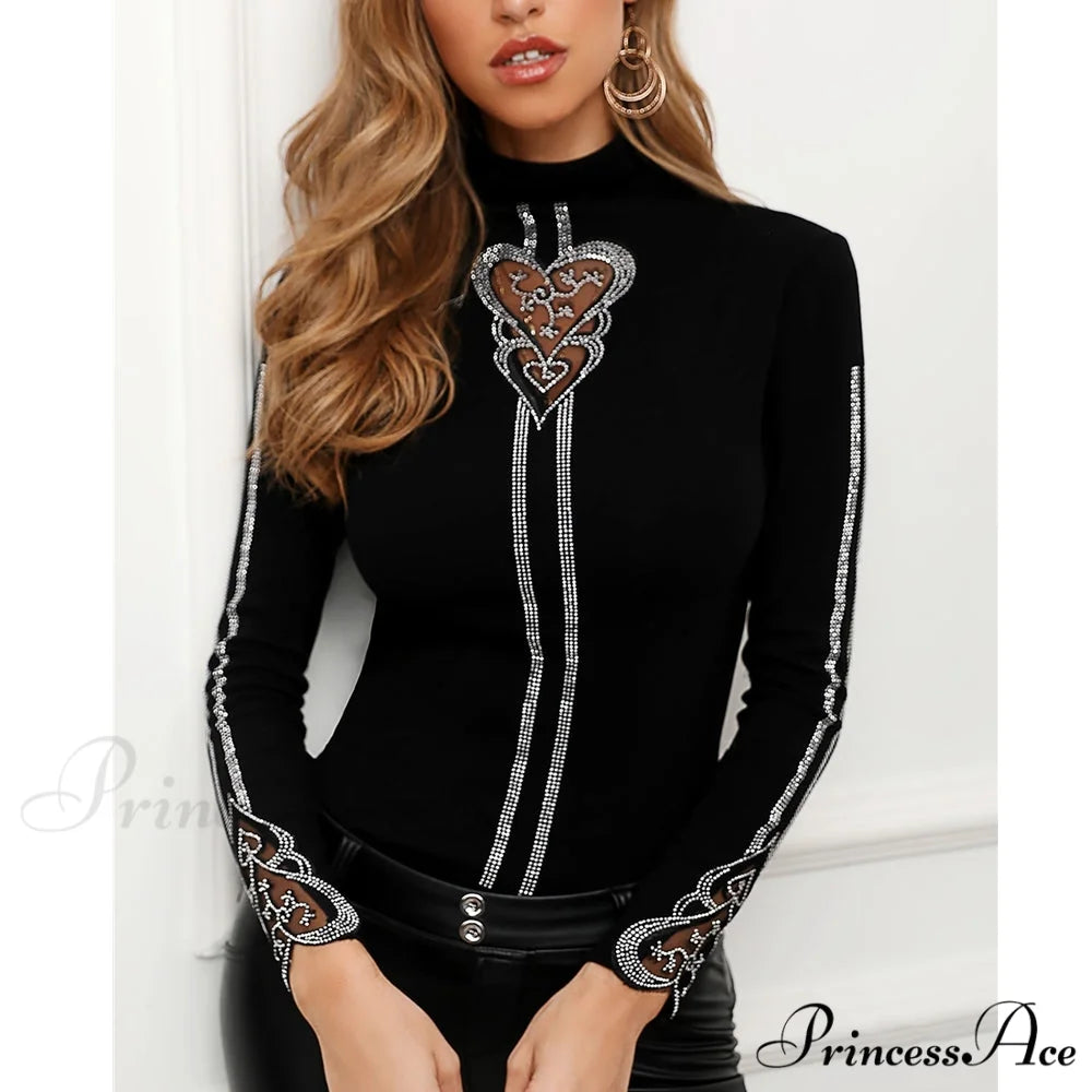 Long Sleeve Slim Mesh Lace Diamonds Decor Tee