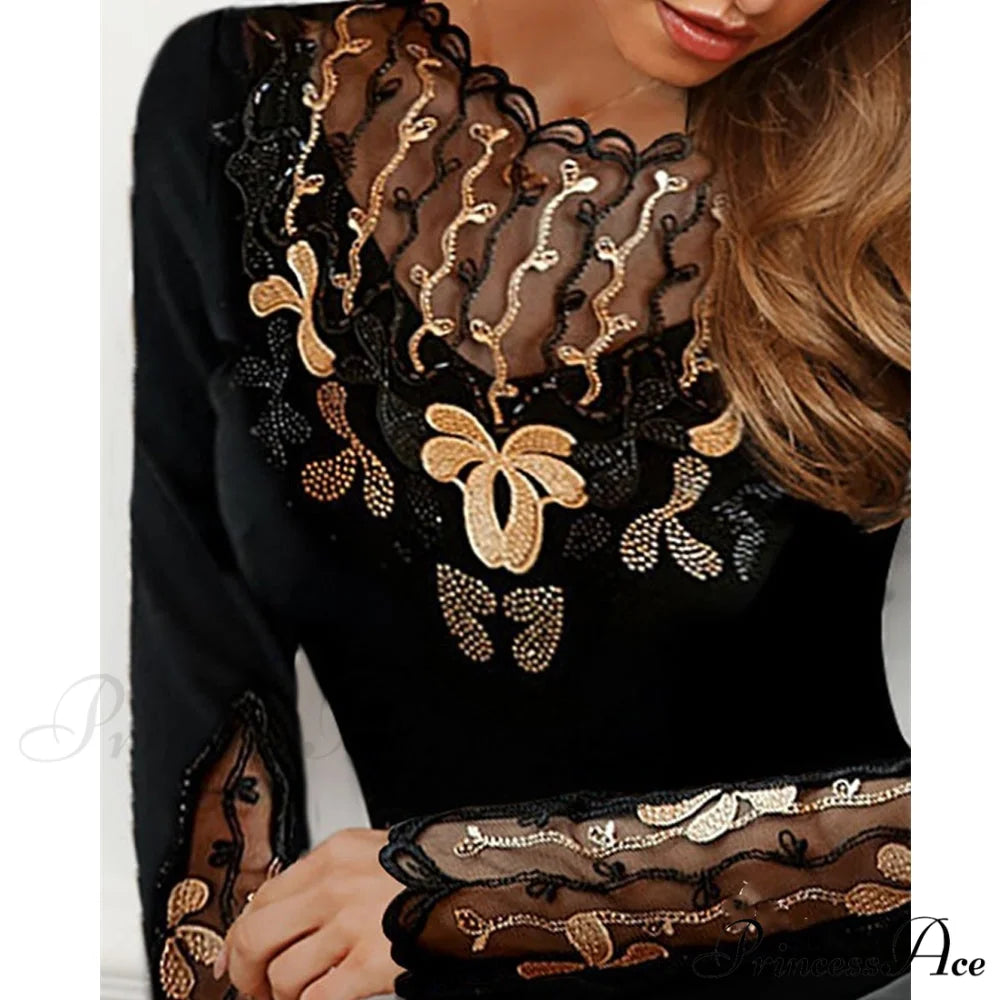 Long Sleeve Slim Mesh Lace Diamonds Decor Tee