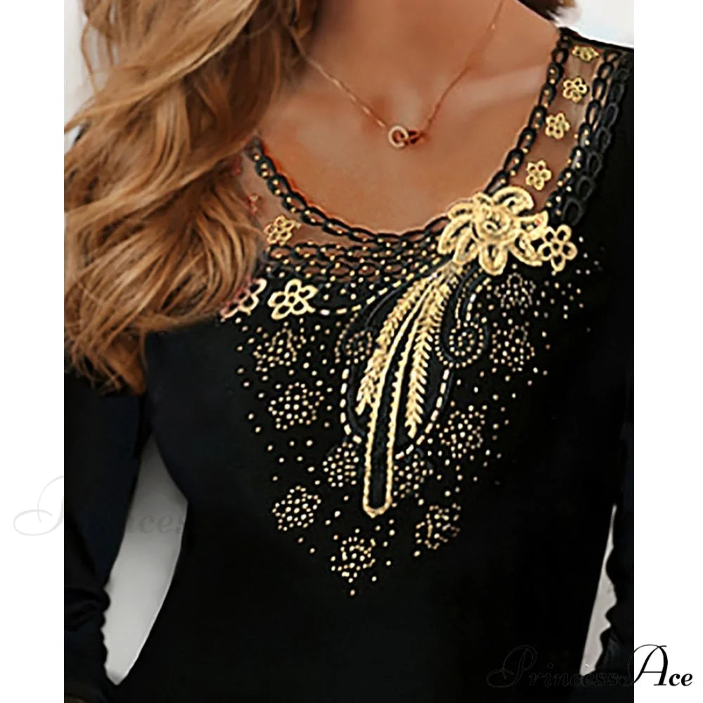 Long Sleeve Slim Mesh Lace Diamonds Decor Tee