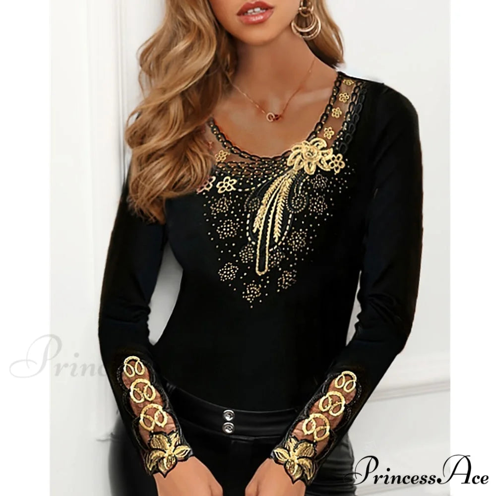 Long Sleeve Slim Mesh Lace Diamonds Decor Tee