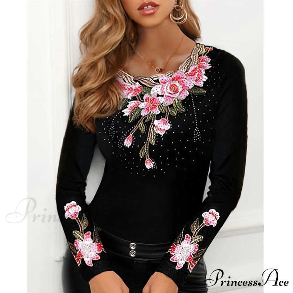 Long Sleeve Slim Mesh Lace Diamonds Decor Tee