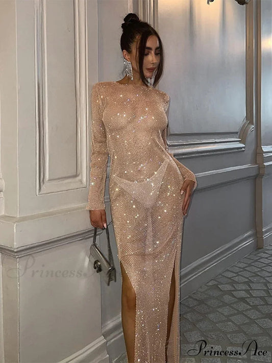 Long Sleeve Split O Neck Slim Party See Through Dress Apricot / S