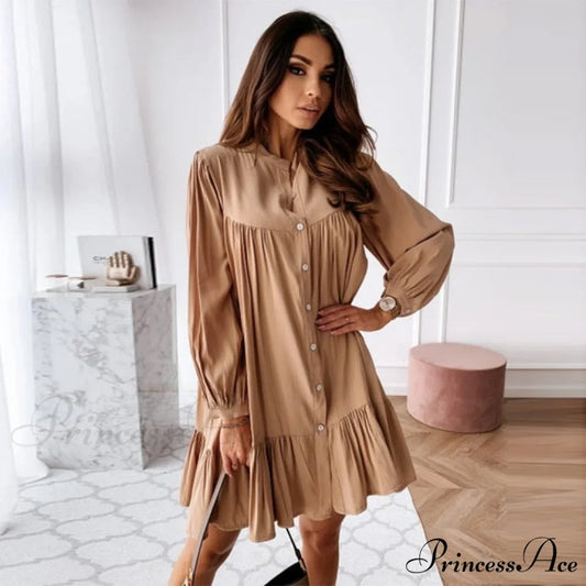 Long Sleeve Stand Collar Solid Elegant Dress Khaki / S