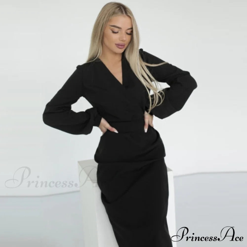Long Sleeve V Neck Party Club Elegant Dress black / XXL