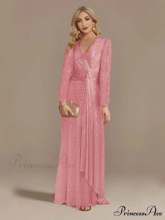 Long Sleeve V-Neck Party Dress Pink / S