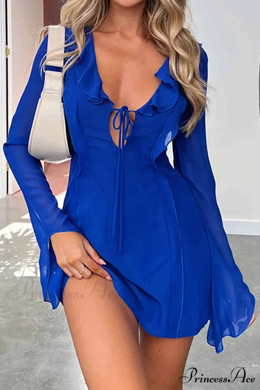 Long Sleeved Ruffled Mini Dress with Lace Up Detail Blue / S
