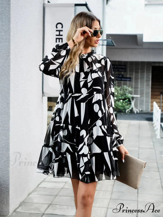 Long-Sleeved Short Dress with Print S / red
