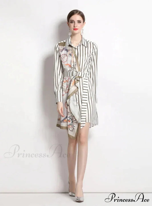 Long-Sleeved Striped Irregular Shirt Dress S / KHAKI