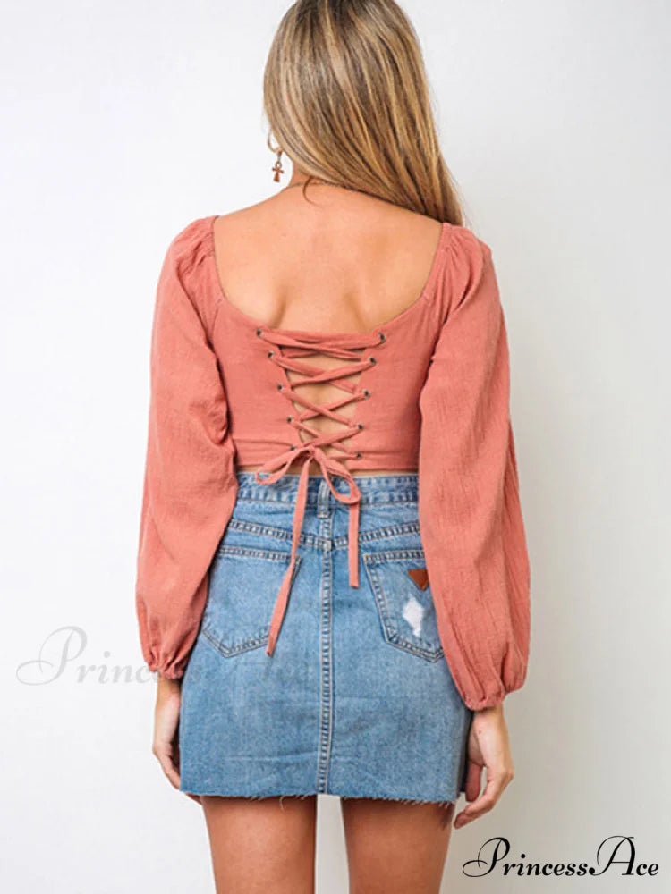 long-sleeved with strap crop top V-neck Women’s tie