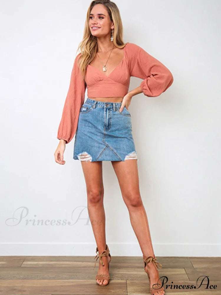 long-sleeved with strap crop top V-neck Women’s tie