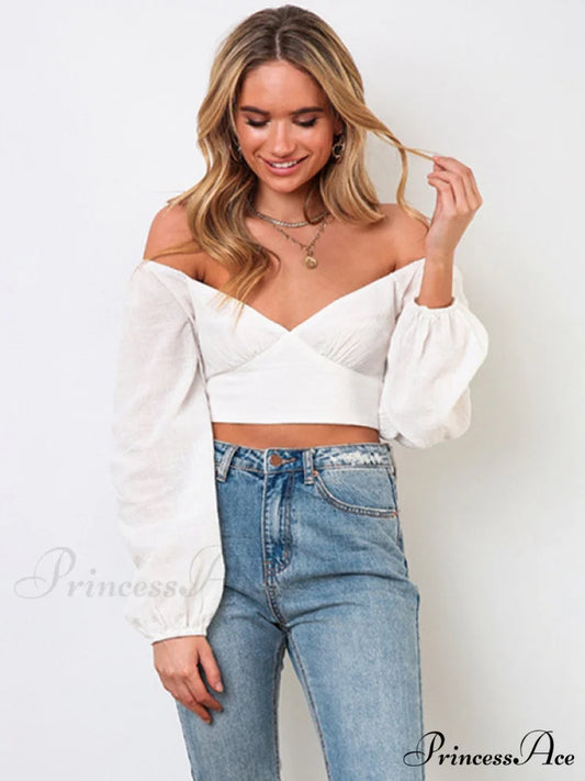 long-sleeved with strap crop top V-neck Women’s tie White / S
