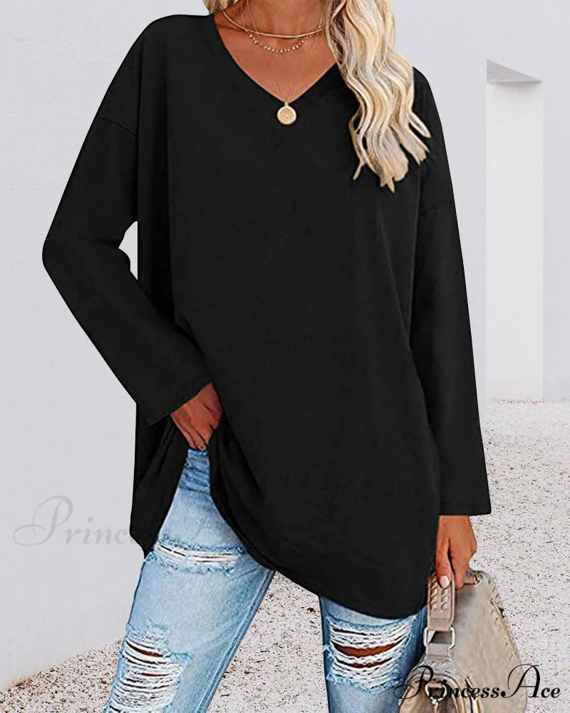long-sleeved women’s V-neck t-shirt Black / S