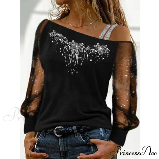 Long Sleeves Skew Collar Off Shoulder Patchwork Diamond Lace Blouse 1 / S