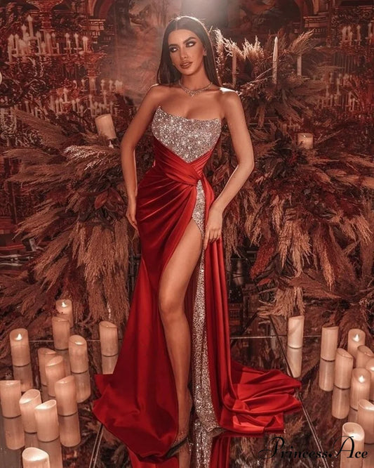 Long Slim Strapless Vestidos Red Evening Party Club Dress Red / S