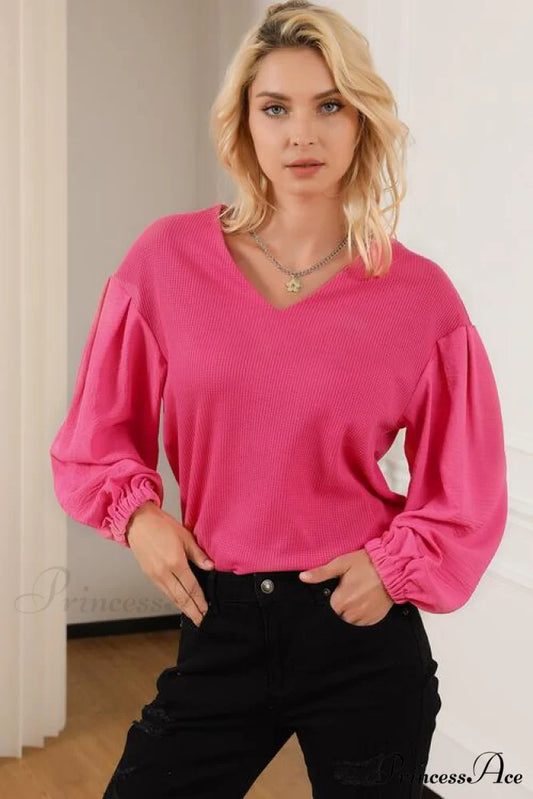 Long V-Neck Arm Waffle-Knit Blouse Hot Pink / S